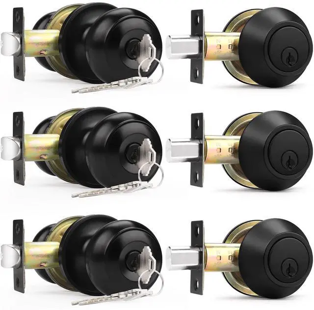 Alt view image 6 of 10 - Entry Door Knobs Lock Set and Single Cylinder Deadbolt Combination Set, Entry Door Locksets with Deadbolt Same Key Flat Black (3 Pack), Keyed Alike