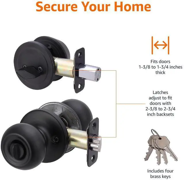 Alt view image 9 of 14 - Exterior Door Knob with Key Lock and Deadbolt, Keyed Alike, Coastal, Matte Black