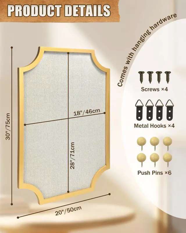 Alt view image 9 of 14 - Large Linen Bulletin Board, 20"x30" Pin Board for Walls, Fabric Bulletin Board for Home Kitchen Office DecorativeGold Frame Cork Board(Gold-5075)