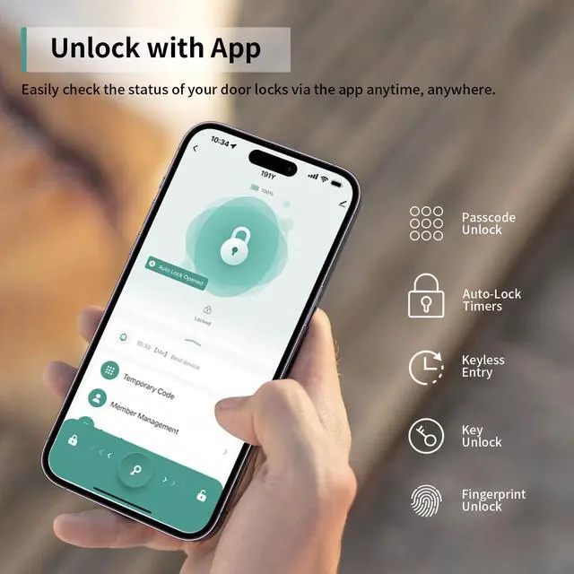 Alt view image 8 of 12 - 191Y 4-in-1 Smart Fingerprint Door Handle with App Control | Keyless Bedroom Door Knob Smart Door Lock with Keypad, One-tap Privacy Mode Setup, Auto-Lock Easy to Install - Black