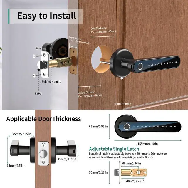 Alt view image 11 of 12 - 191Y 4-in-1 Smart Fingerprint Door Handle with App Control | Keyless Bedroom Door Knob Smart Door Lock with Keypad, One-tap Privacy Mode Setup, Auto-Lock Easy to Install - Black