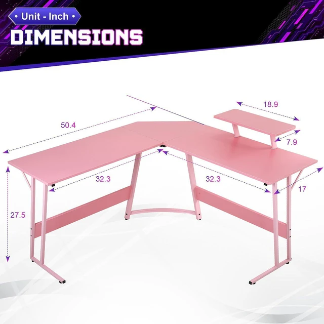 Alt view image 8 of 12 - L Shaped Gaming Desk with Monitor Riser Stand, Home Office Corner Desk for Studying, Working and Gaming, Large Desktop, Pink