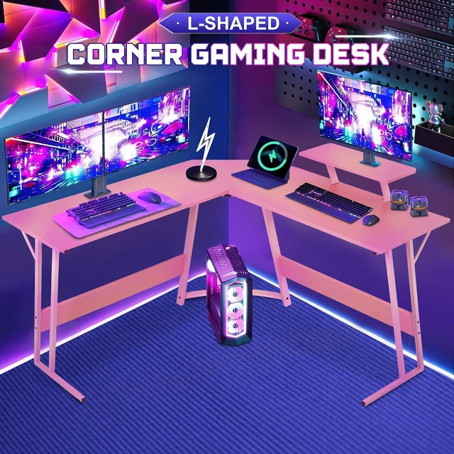 Alt view image 9 of 12 - L Shaped Gaming Desk with Monitor Riser Stand, Home Office Corner Desk for Studying, Working and Gaming, Large Desktop, Pink