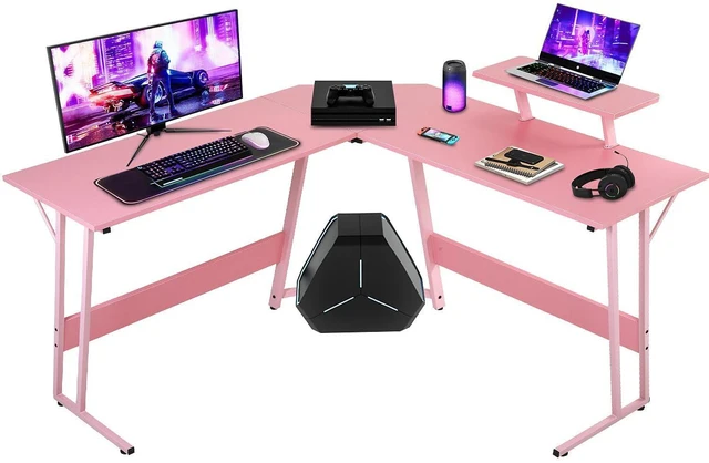 Alt view image 7 of 12 - L Shaped Gaming Desk with Monitor Riser Stand, Home Office Corner Desk for Studying, Working and Gaming, Large Desktop, Pink