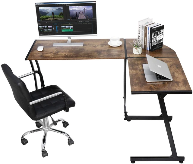 Alt view image 9 of 10 - Modern L-Shaped Gaming Desk,Home Office Desk with Round Corner Computer Desk,Study Writing PC Laptop Workstation with Solid Steel Frame Desktop, Brown