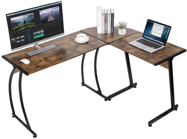 Alt view image 7 of 10 - Modern L-Shaped Gaming Desk,Home Office Desk with Round Corner Computer Desk,Study Writing PC Laptop Workstation with Solid Steel Frame Desktop, Brown