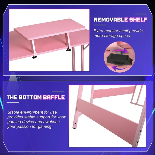 Alt view image 11 of 12 - L Shaped Gaming Desk with Monitor Riser Stand, Home Office Corner Desk for Studying, Working and Gaming, Large Desktop, Pink