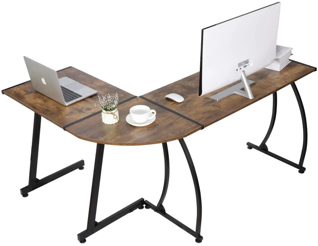 Alt view image 10 of 10 - Modern L-Shaped Gaming Desk,Home Office Desk with Round Corner Computer Desk,Study Writing PC Laptop Workstation with Solid Steel Frame Desktop, Brown
