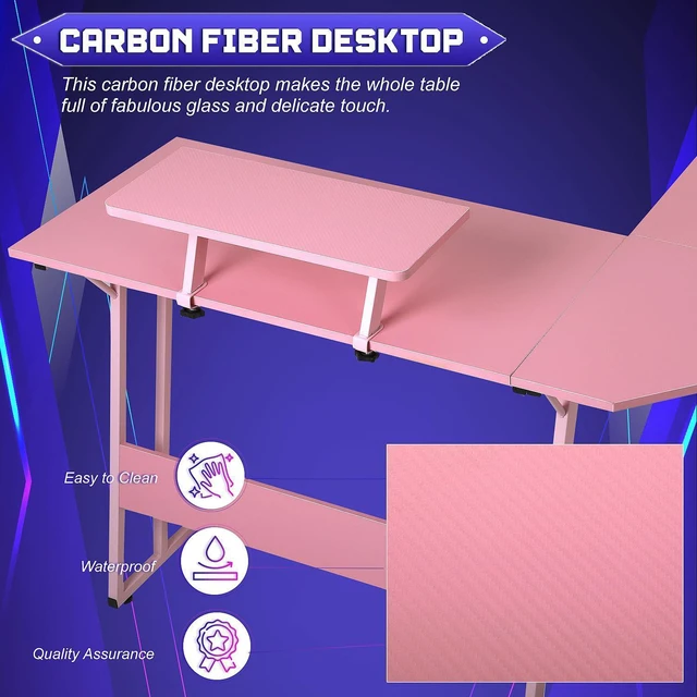 Alt view image 10 of 12 - L Shaped Gaming Desk with Monitor Riser Stand, Home Office Corner Desk for Studying, Working and Gaming, Large Desktop, Pink