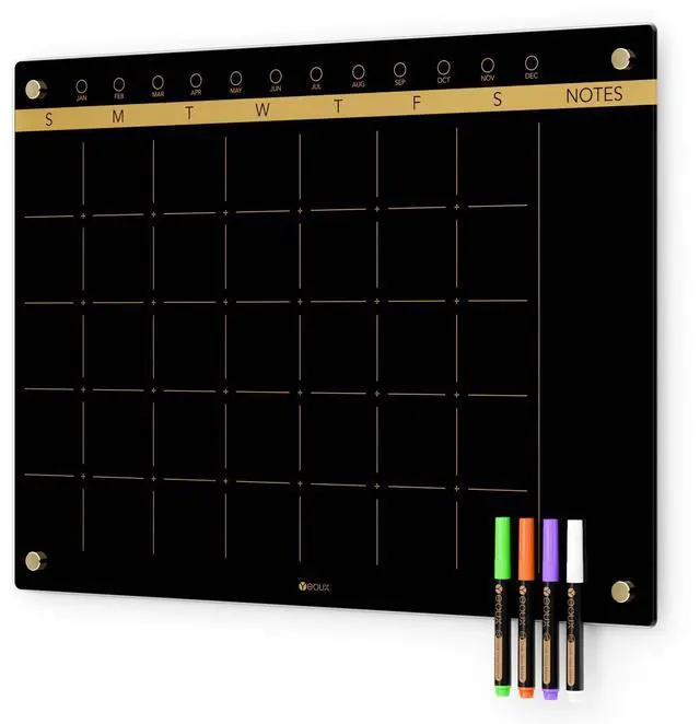 Alt view image 8 of 14 - Black Glass Golden Monthly Dry Erase Calendar Whiteboard for Wall, 17" x 23", Frameless Large Planner White Board for Home Kitchen Office, 4 Wet Erase Markers Included