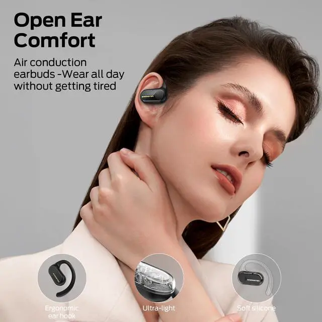 Alt view image 9 of 13 - Open Ear AC312 Headphones, Bluetooth 5.4 Wireless Earbuds with Noise-Cancelling Mic for Clear Calls, Powerful Sound by 16mm Large Drivers, Touch Control 32H Playtime, IPX5 Waterproof for Sport