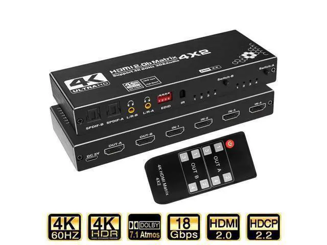 Alt view image 8 of 14 - 4K 4 in 2 Out HDMI Matrix Switch, 4X2 HDMI Switcher with Audio Extractor UltraHD Supports Up to 4K @ 60Hz IR EDID HDCP 2.2 HDR10,2xSPDIF Audio, 2x3.5mm L/R Audio - Remote Control (OZJ1)