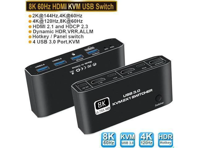 Alt view image 8 of 14 - 2 Port HDMI KVM Switch, HDMI USB KVM Switch 2x1 HDMI2.1 Ports + 4x USB3.0 Ports, Share 2 Computers One Monitor Switch, Supports 8K@60Hz,4K@120Hz,YUV 4:4:4, HDCP 2.3, HDR 10, Hotkey, Darkish