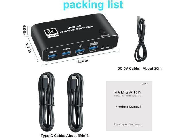 Alt view image 9 of 14 - 2 Port HDMI KVM Switch, HDMI USB KVM Switch 2x1 HDMI2.1 Ports + 4x USB3.0 Ports, Share 2 Computers One Monitor Switch, Supports 8K@60Hz,4K@120Hz,YUV 4:4:4, HDCP 2.3, HDR 10, Hotkey, Darkish
