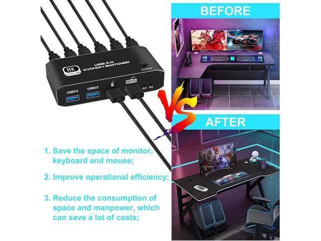 Alt view image 10 of 14 - 2 Port HDMI KVM Switch, HDMI USB KVM Switch 2x1 HDMI2.1 Ports + 4x USB3.0 Ports, Share 2 Computers One Monitor Switch, Supports 8K@60Hz,4K@120Hz,YUV 4:4:4, HDCP 2.3, HDR 10, Hotkey, Darkish