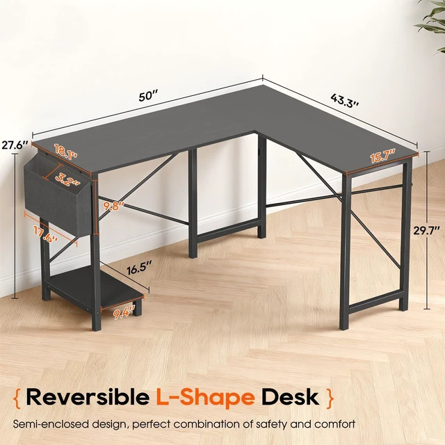 Alt view image 8 of 12 - 50-Inch L Shaped Desk, Corner Computer Desk & Gaming Desk for Home Office and Dorm, Sturdy Writing Workstation with CPU Stand and Side Storage Bag (Black)