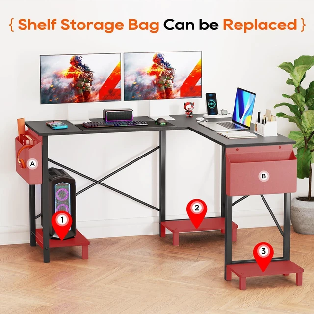 Alt view image 11 of 12 - 50-Inch L Shaped Desk, Corner Computer Desk & Gaming Desk for Home Office and Dorm, Sturdy Writing Workstation with CPU Stand and Side Storage Bag (Black)