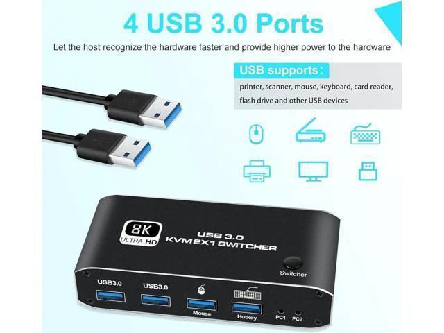 Alt view image 13 of 14 - 2 Port HDMI KVM Switch, HDMI USB KVM Switch 2x1 HDMI2.1 Ports + 4x USB3.0 Ports, Share 2 Computers One Monitor Switch, Supports 8K@60Hz,4K@120Hz,YUV 4:4:4, HDCP 2.3, HDR 10, Hotkey, Darkish