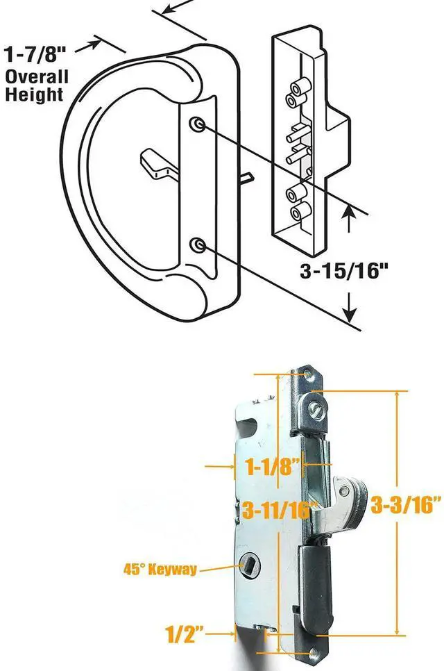 Alt view image 9 of 14 - Sliding Patio Door Handle Set with Key Cylinder and Mortise Lock, Full Replacement Handle Lock Set Fits Door Thickness from 1-1/2" to 1-3/4", 3-15/16 Screw Hole Spacing, Reversible Design(Non-Handed)