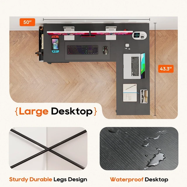 Alt view image 12 of 12 - 50-Inch L Shaped Desk, Corner Computer Desk & Gaming Desk for Home Office and Dorm, Sturdy Writing Workstation with CPU Stand and Side Storage Bag (Black)