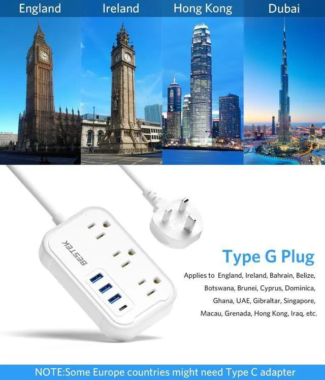 Alt view image 11 of 14 - US to UK Travel Plug Adapter: Type G Adapter with 3 AC Outlets and 4 USB (1 PD20W) - Power Strip for USA, UK, Ireland, Scotland, Hong Kong, British, London - 2.6ft