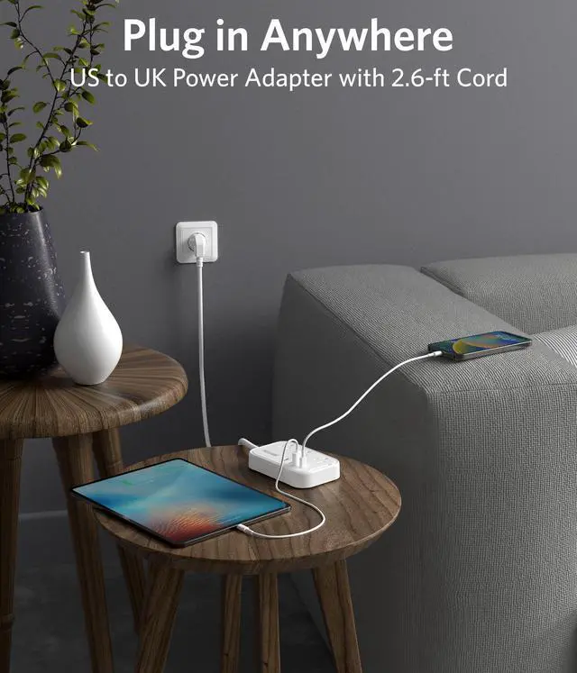 Alt view image 12 of 14 - US to UK Travel Plug Adapter: Type G Adapter with 3 AC Outlets and 4 USB (1 PD20W) - Power Strip for USA, UK, Ireland, Scotland, Hong Kong, British, London - 2.6ft