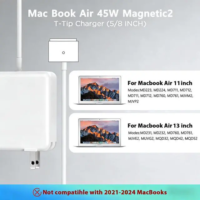 Alt view image 14 of 14 - 45W Charger for MacBook Air, 45W Magnetic2 T-Tip Power Adapter Charger Replacement for Mac Air 11/13 Inch(Applicable to 2012-2017)