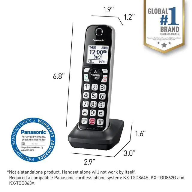 Alt view image 4 of 4 - Cordless Phone Handset Accessory Compatible with KX-TGD86x Series Cordless Phone Systems - KX-TGDA86S (Black with Silver Trim)