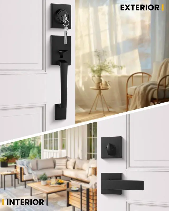 Alt view image 9 of 14 - Front Door Handle and Deadbolt Set, Black Front Door Lock Set with Reversible Handle Lever, Modern Front Door Hardware, Single Cylinder Front Door Entry Lock, Front Door Handles and Locks