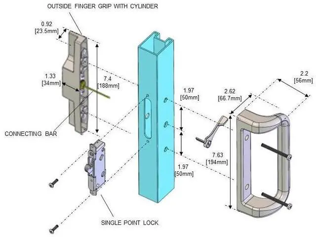 Alt view image 9 of 14 - White Sliding Glass Door Handle Set with Lock and Key | Fits 3-15/16 in screw holes; keyed mortise lock, reversible, for 1-3/16 to 2 in doors