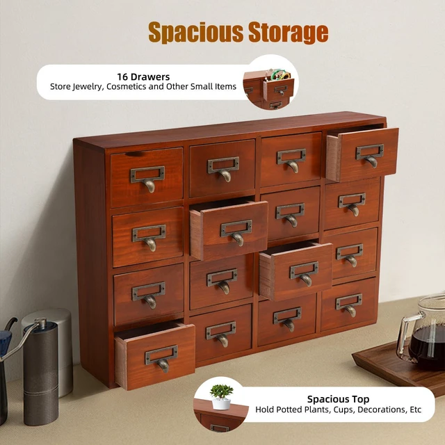 Alt view image 11 of 14 - Card Catalog Desk Drawer Organizer,Wooden Vintage Apothecary Cabinet with 16 Drawers,Library Card Catalog Cabinet for Bedroom Home Office