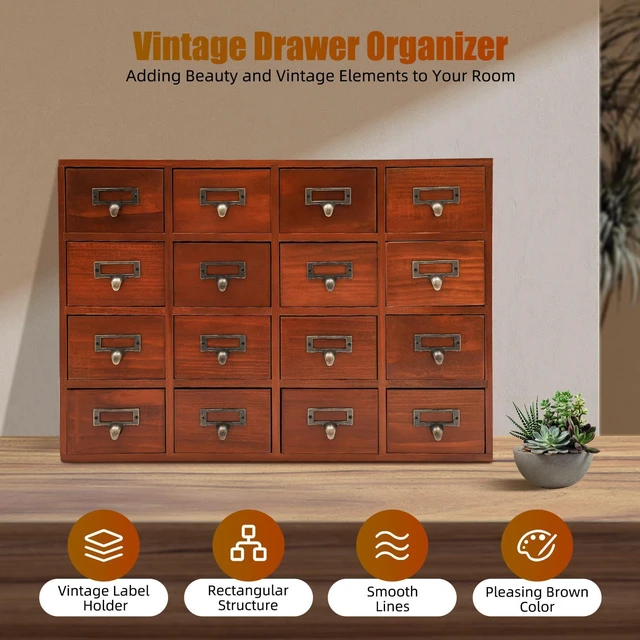Alt view image 10 of 14 - Card Catalog Desk Drawer Organizer,Wooden Vintage Apothecary Cabinet with 16 Drawers,Library Card Catalog Cabinet for Bedroom Home Office