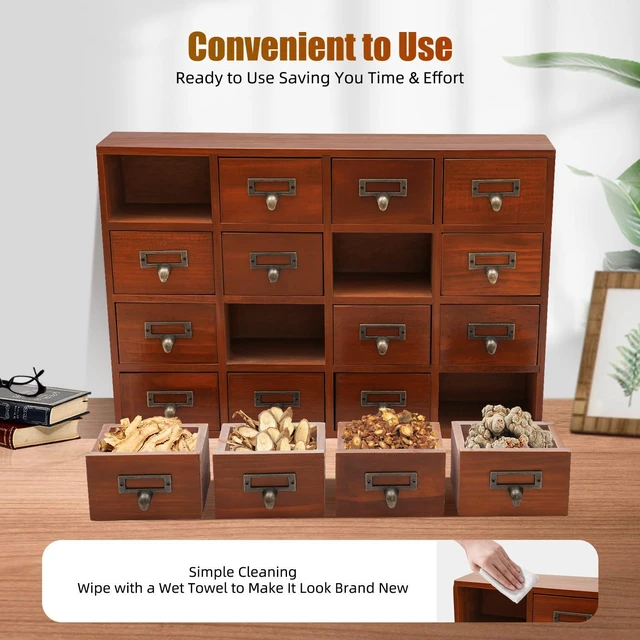 Alt view image 14 of 14 - Card Catalog Desk Drawer Organizer,Wooden Vintage Apothecary Cabinet with 16 Drawers,Library Card Catalog Cabinet for Bedroom Home Office