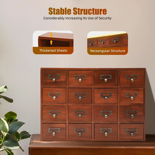 Alt view image 12 of 14 - Card Catalog Desk Drawer Organizer,Wooden Vintage Apothecary Cabinet with 16 Drawers,Library Card Catalog Cabinet for Bedroom Home Office