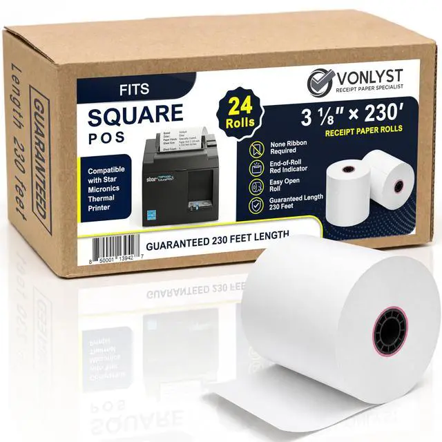 Alt view image 2 of 2 - Receipt Paper Roll 3 1/8 x 230 for Square Register and Square POS System connected to Star Micronics Thermal Printer (Pack 24 rolls)