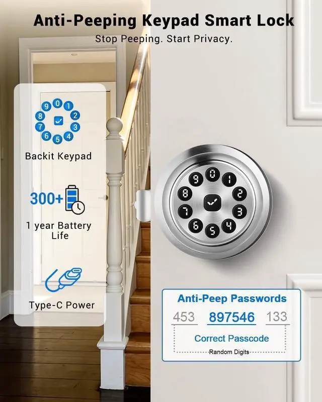 Alt view image 11 of 14 - Smart Door Knob with Keypad, Keyless Entry Door Lock with Code, APP | Door Locks for Bedrooms with Key, Auto-Lock, Easy-Install, Digital Door Lock for Front Door, Office, Garage, Indoor, Outdoor