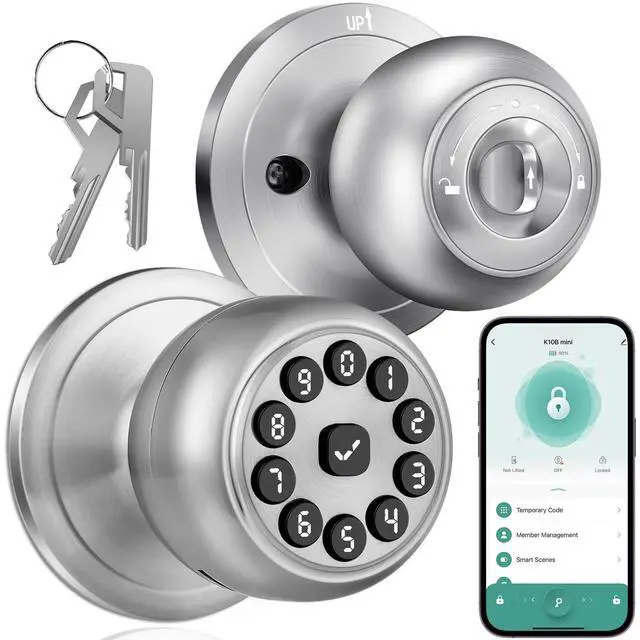 Alt view image 8 of 14 - Smart Door Knob with Keypad, Keyless Entry Door Lock with Code, APP | Door Locks for Bedrooms with Key, Auto-Lock, Easy-Install, Digital Door Lock for Front Door, Office, Garage, Indoor, Outdoor