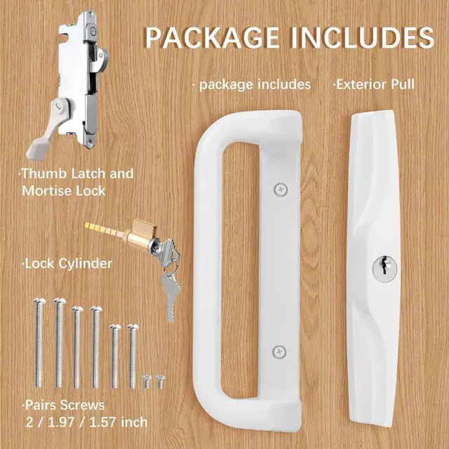 Alt view image 14 of 14 - White Sliding Glass Door Handle Set with Lock and Key | Fits 3-15/16 in screw holes; keyed mortise lock, reversible, for 1-3/16 to 2 in doors