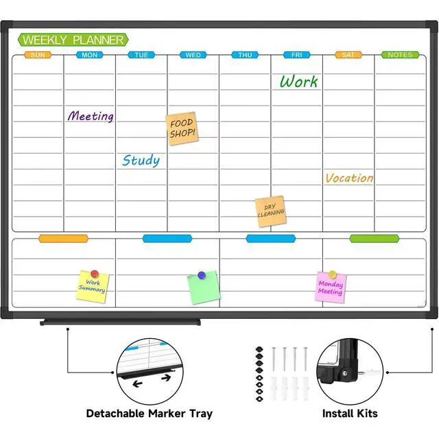Alt view image 10 of 14 - Weekly Dry Erase Board - Magnetic Calendar White Board Planner 36 X 24 Inch, Black Aluminum Frame Wall Mounted Board for Office Home and School
