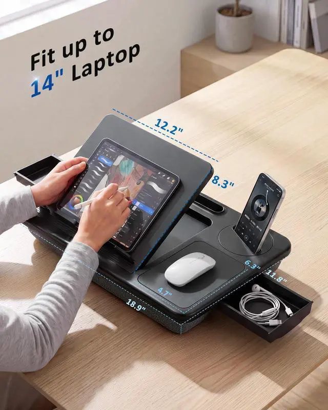 Alt view image 10 of 11 - Adjustable Lap Desk with Cushion Stroage Rotatable Phone Stand | Laptop Lap Desk with 8 Angles Adjustable Mouse Pad and iPad Stand for Bed Couch Car Home Office, Fits up to 14" Laptop