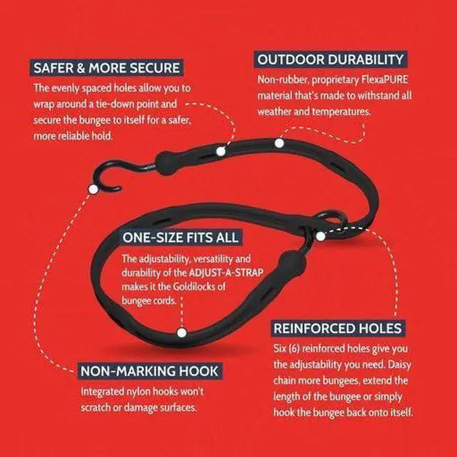 Alt view image 13 of 14 - 36" Adjust-A-Strap, Adjustable Heavy Duty Polyurethane Bungee Strap, Heavy Duty Nylon Hooks, Made in the USA, 4 Pack, Red