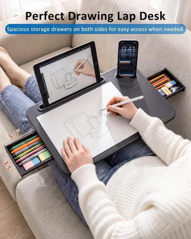 Alt view image 8 of 11 - Adjustable Lap Desk with Cushion Stroage Rotatable Phone Stand | Laptop Lap Desk with 8 Angles Adjustable Mouse Pad and iPad Stand for Bed Couch Car Home Office, Fits up to 14" Laptop