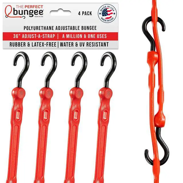 Alt view image 8 of 14 - 36" Adjust-A-Strap, Adjustable Heavy Duty Polyurethane Bungee Strap, Heavy Duty Nylon Hooks, Made in the USA, 4 Pack, Red