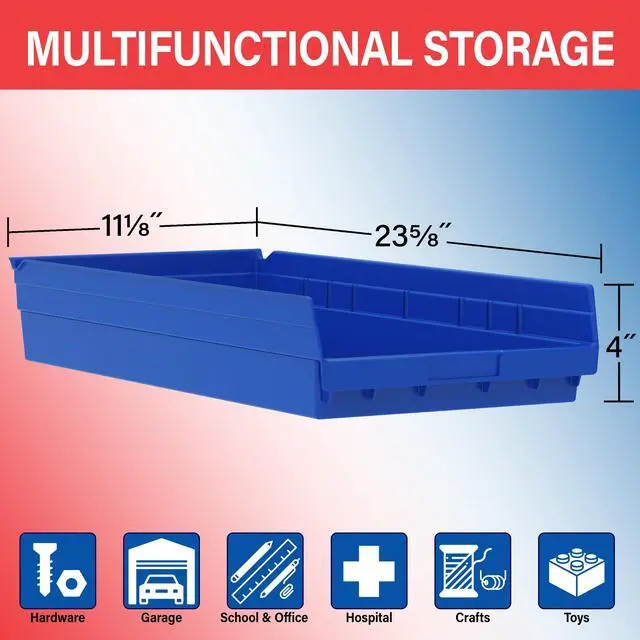 Alt view image 9 of 14 - 30174 Plastic Shelf Bins, Heavy Duty Storage Bins for Garage, Closet, and Drawer Organization, 24-Inch x 11-Inch x 4-Inch, Blue, 6-Pack