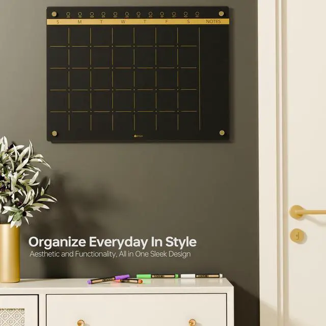 Alt view image 9 of 14 - Black Glass Golden Monthly Dry Erase Calendar Whiteboard for Wall, 17" x 23", Frameless Large Planner White Board for Home Kitchen Office, 4 Wet Erase Markers Included