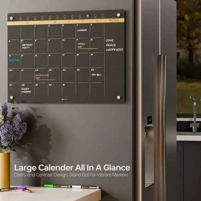 Alt view image 10 of 14 - Black Glass Golden Monthly Dry Erase Calendar Whiteboard for Wall, 17" x 23", Frameless Large Planner White Board for Home Kitchen Office, 4 Wet Erase Markers Included