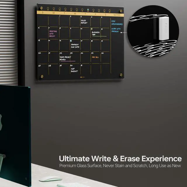 Alt view image 11 of 14 - Black Glass Golden Monthly Dry Erase Calendar Whiteboard for Wall, 17" x 23", Frameless Large Planner White Board for Home Kitchen Office, 4 Wet Erase Markers Included