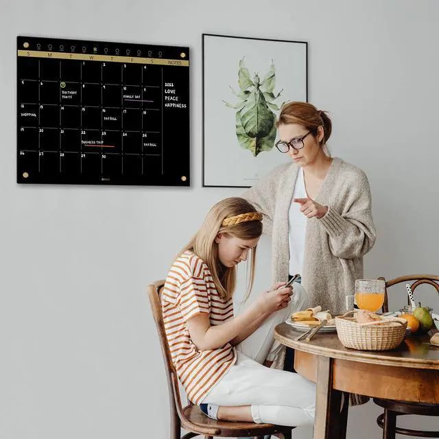 Alt view image 13 of 14 - Black Glass Golden Monthly Dry Erase Calendar Whiteboard for Wall, 17" x 23", Frameless Large Planner White Board for Home Kitchen Office, 4 Wet Erase Markers Included