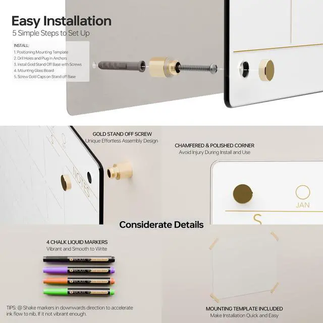 Alt view image 12 of 14 - Glass Golden Monthly Dry Erase Calendar Whiteboard for Wall, 17" x 23", Frameless Large Monthly Planner Menu White Board for Home Kitchen, Office, 4 Wet Erase Markers Included