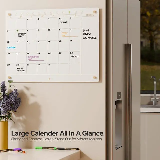 Alt view image 10 of 14 - Glass Golden Monthly Dry Erase Calendar Whiteboard for Wall, 17" x 23", Frameless Large Monthly Planner Menu White Board for Home Kitchen, Office, 4 Wet Erase Markers Included